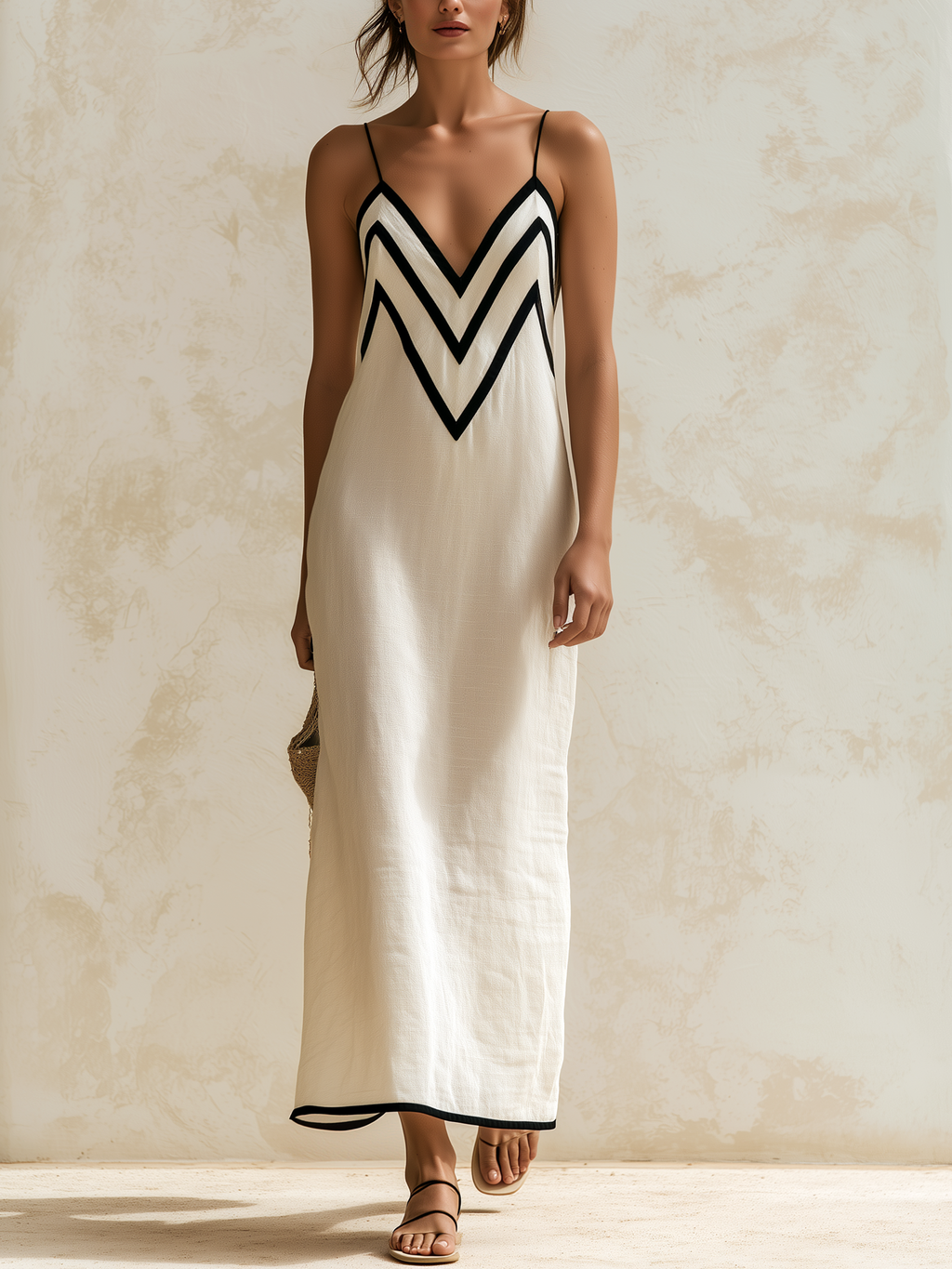 Marisa | Vestido Largo con Diseño Chevron en Contraste