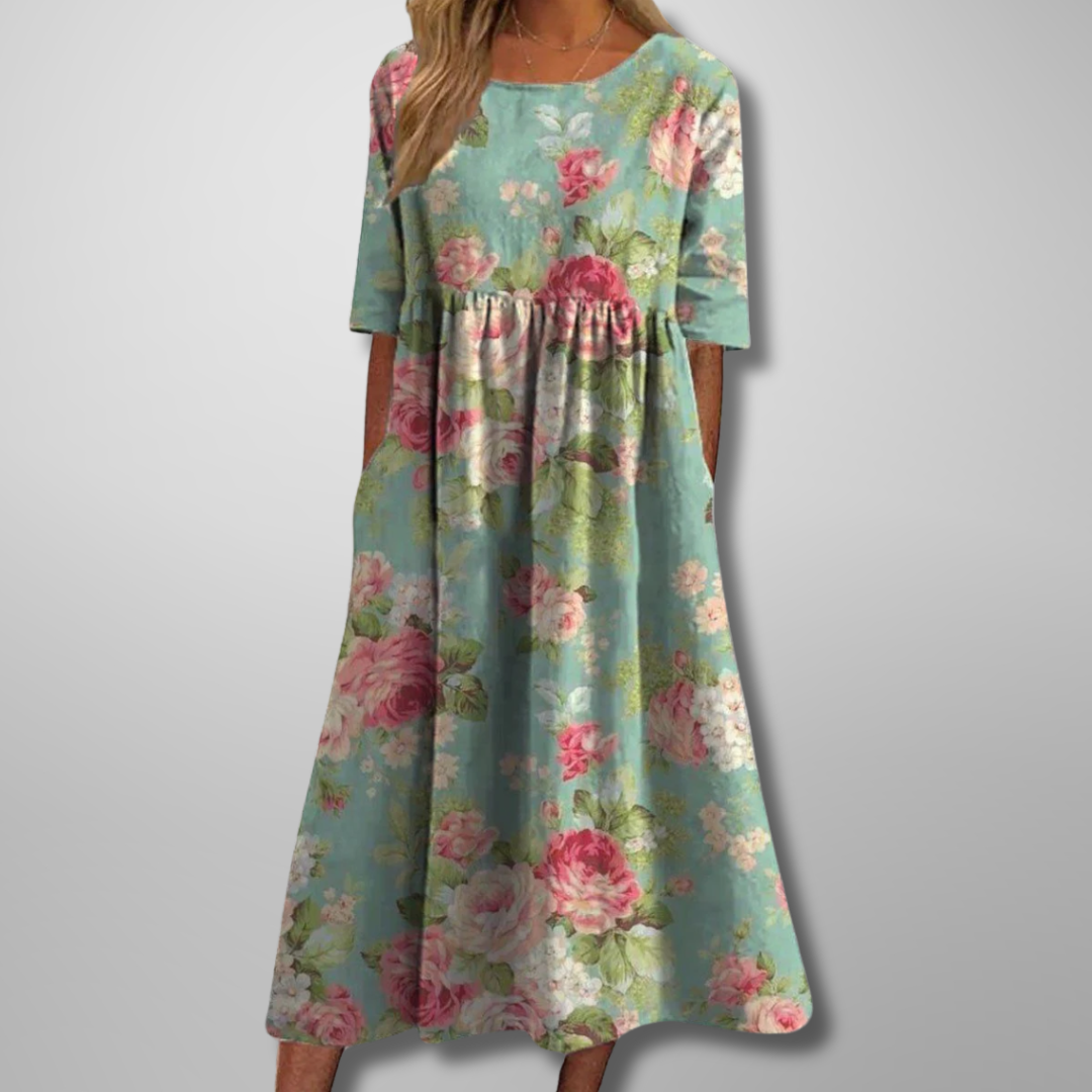 ELARA | Vestido Midi Estampado Elegante que Disimula el Abdomen