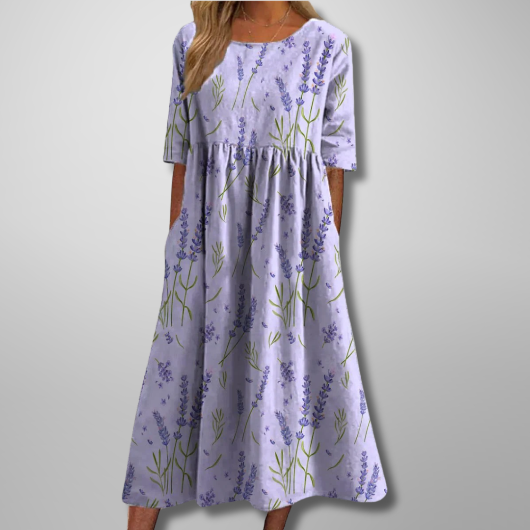 ELARA | Vestido Midi Estampado Elegante que Disimula el Abdomen