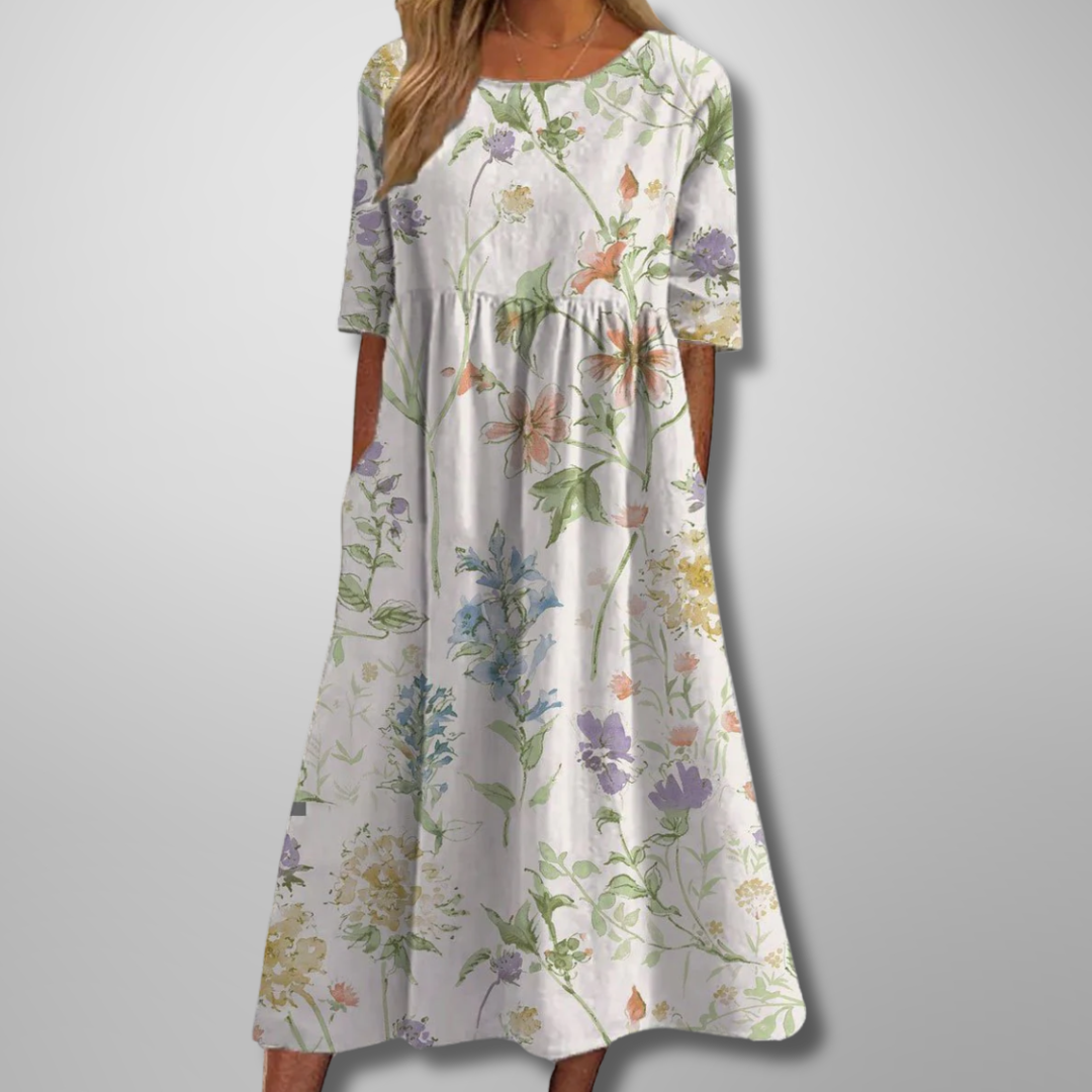 ELARA | Vestido Midi Estampado Elegante que Disimula el Abdomen