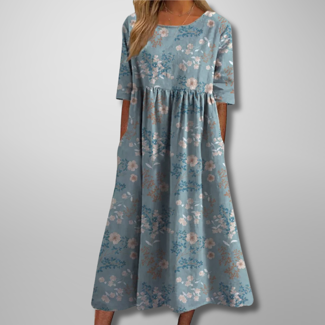 ELARA | Vestido Midi Estampado Elegante que Disimula el Abdomen