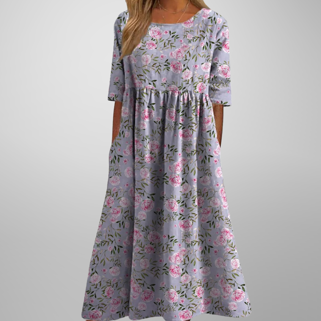 ELARA | Vestido Midi Estampado Elegante que Disimula el Abdomen