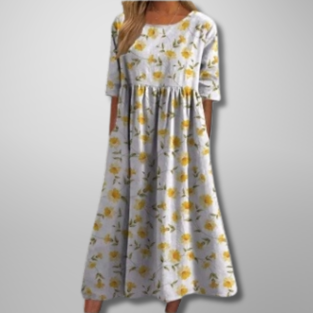 ELARA | Vestido Midi Estampado Elegante que Disimula el Abdomen