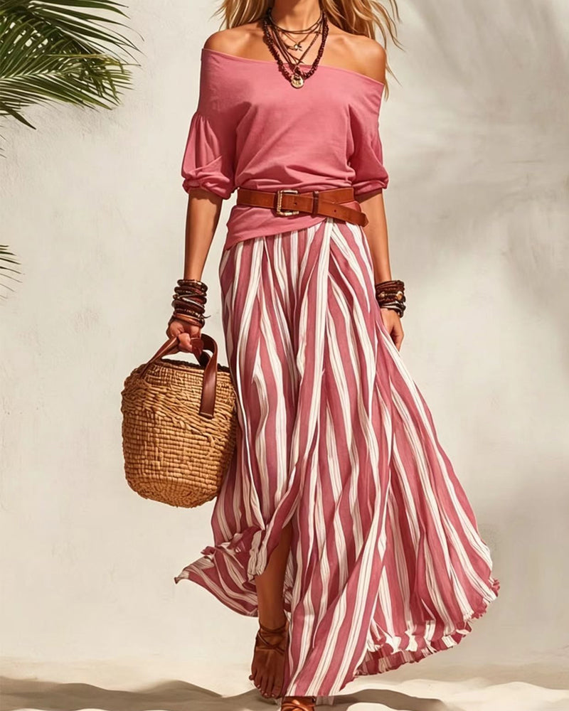 Madison | Conjunto de falda larga de rayas y top de hombros descubiertos