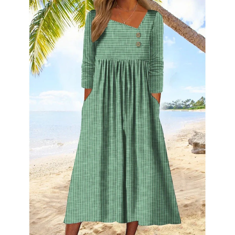 NANCY | Vestido Midi de Rayas Elegante que Disimula el Abdomen