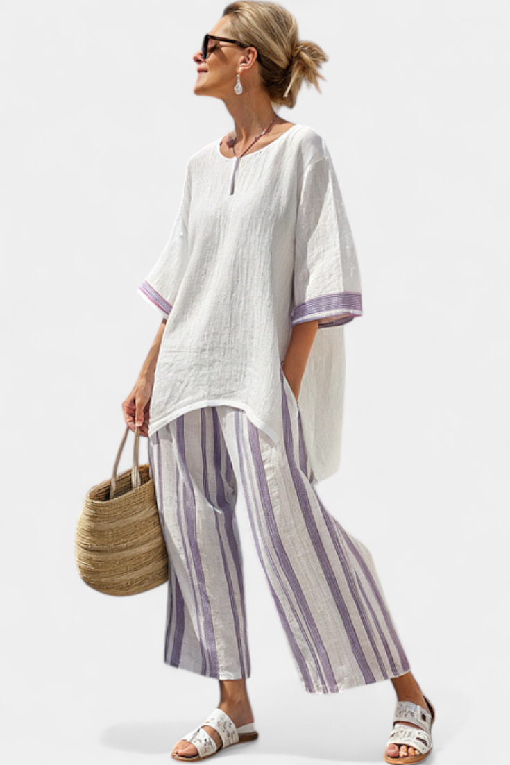 Luxmere | Blusa Cómoda y Relajada y Pantalón de Bambú a Rayas