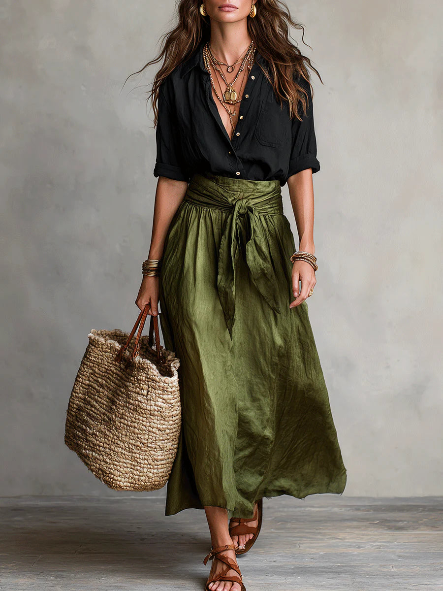 River | Conjunto de camisa negra y falda midi verde oliva
