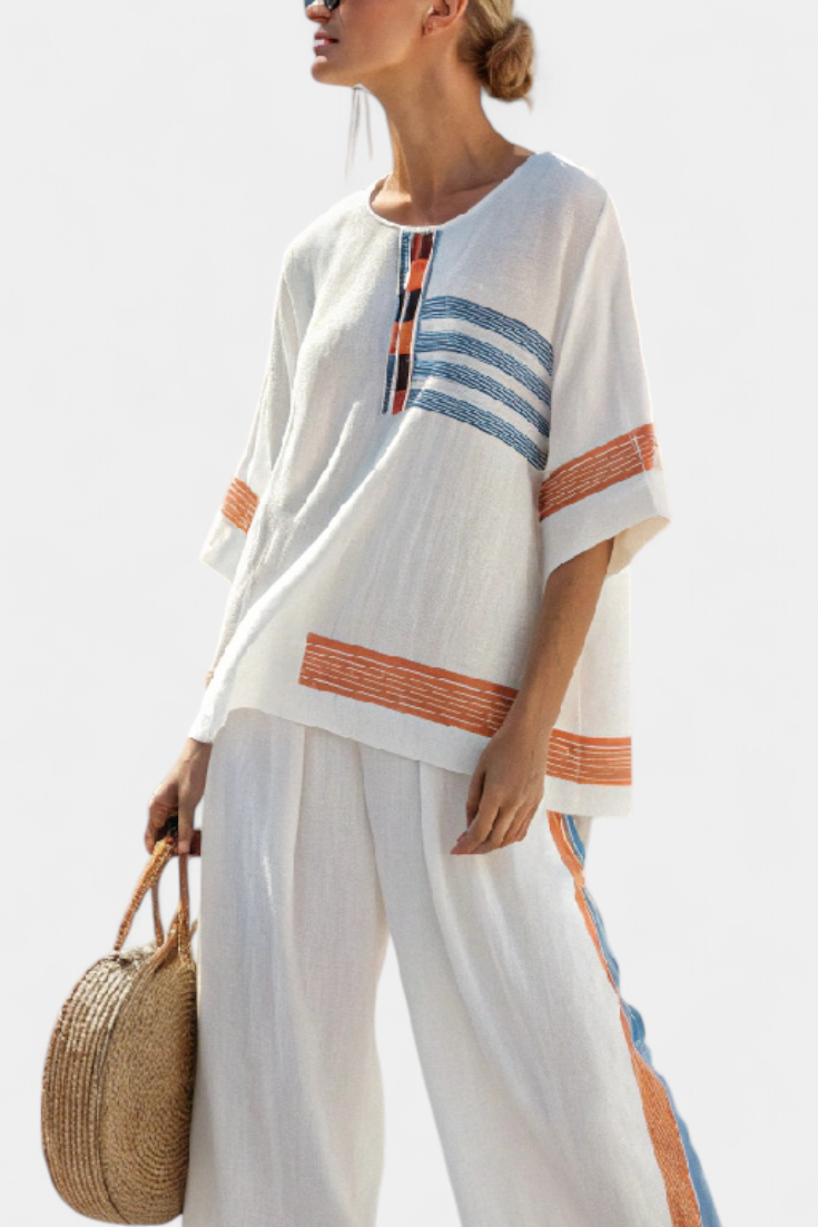 Marcellin | Top y Pantalón de Rayas Azul-Naranja Sofisticado