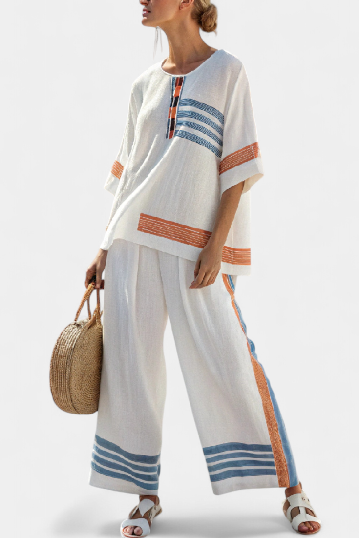 Marcellin | Top y Pantalón de Rayas Azul-Naranja Sofisticado