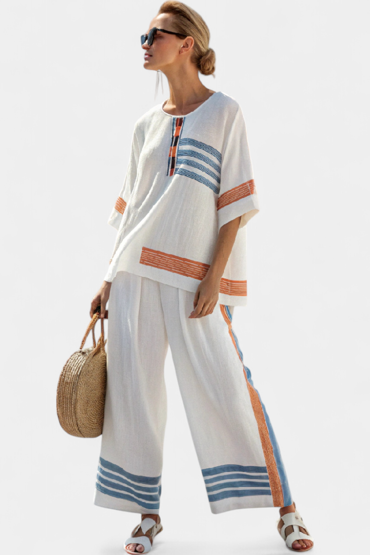Marcellin | Top y Pantalón de Rayas Azul-Naranja Sofisticado