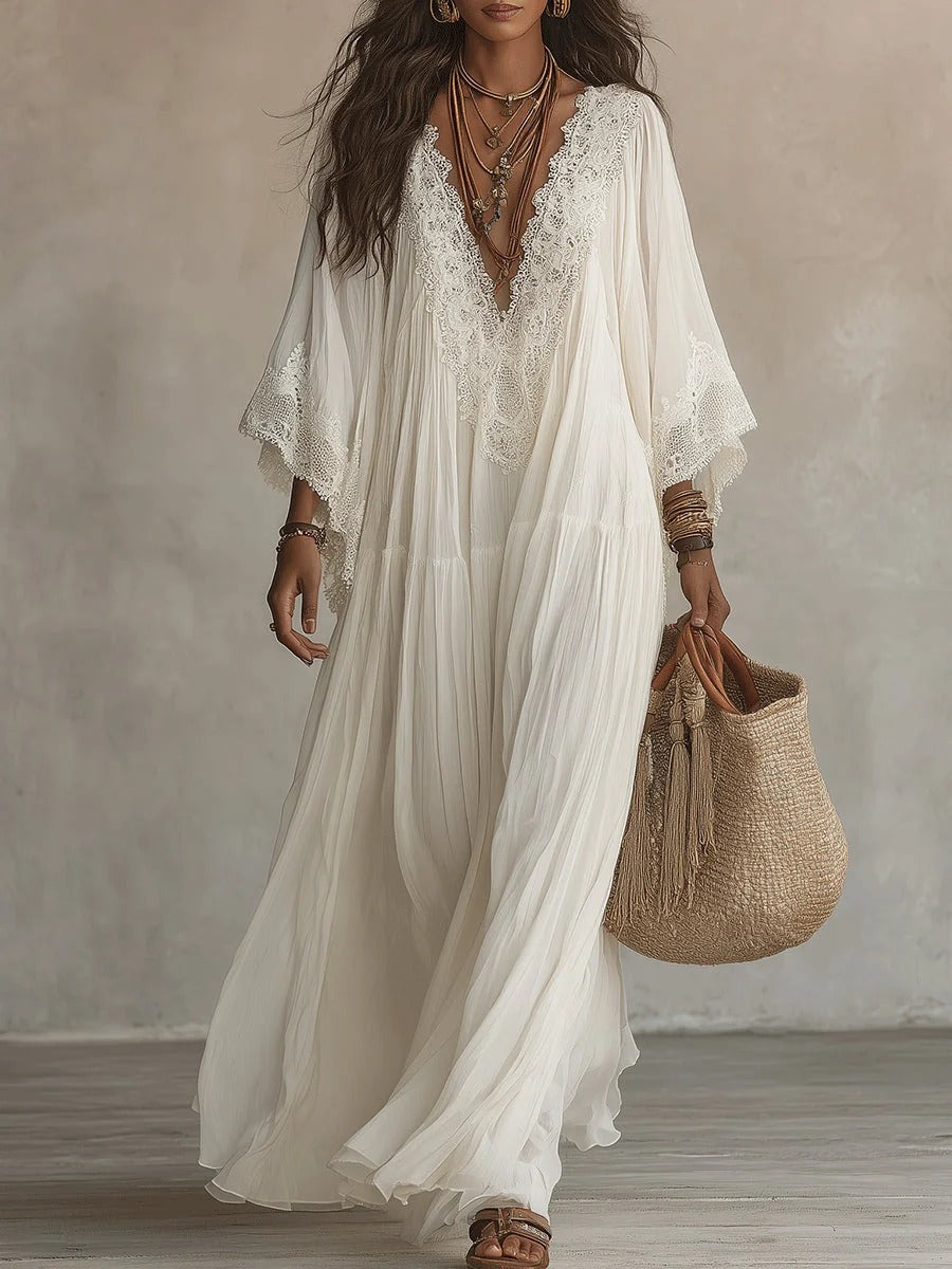 Adelaida | Vestido largo de gasa color marfil con mangas murciélago y encaje blanco