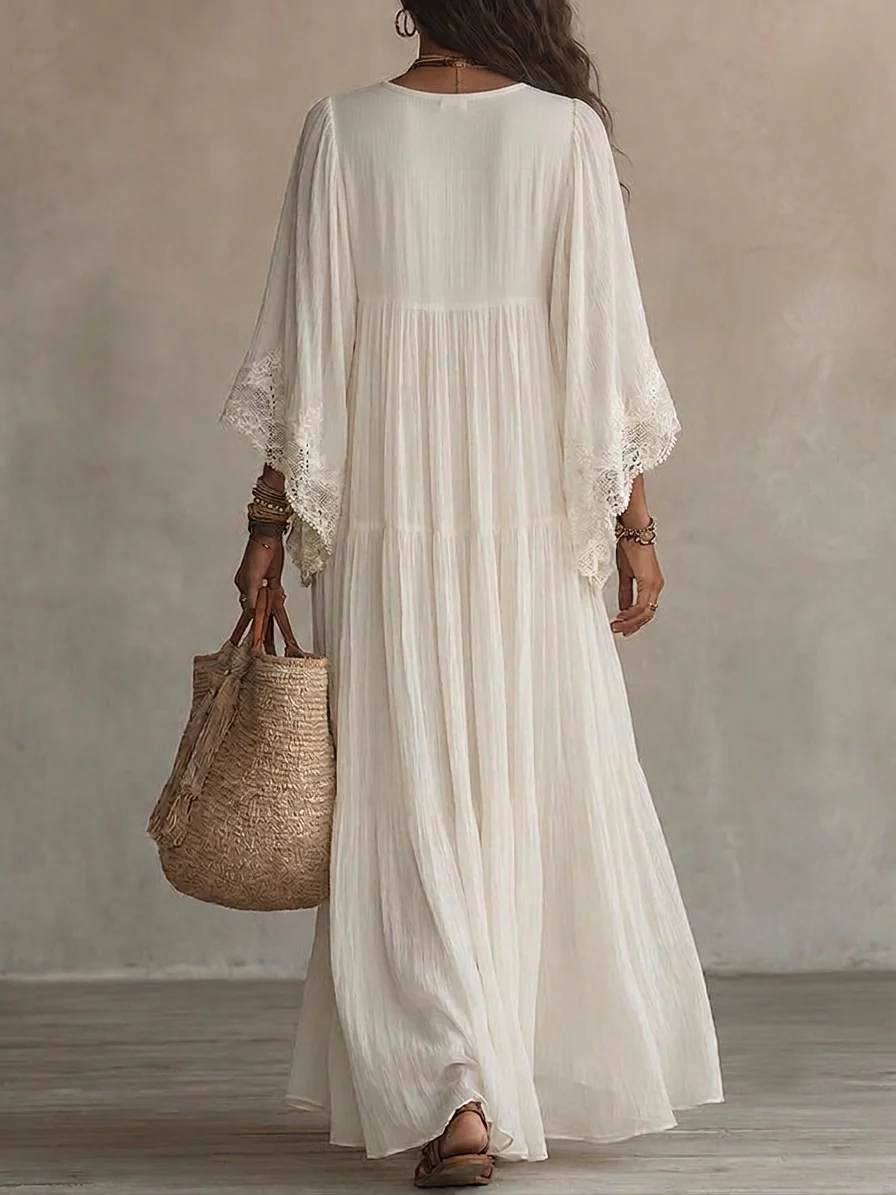 Adelaida | Vestido largo de gasa color marfil con mangas murciélago y encaje blanco