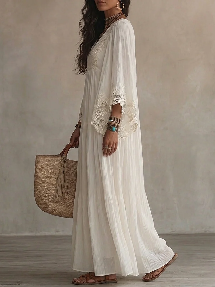 Adelaida | Vestido largo de gasa color marfil con mangas murciélago y encaje blanco