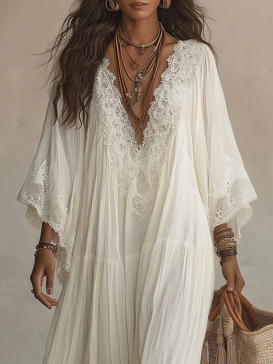 Adelaida | Vestido largo de gasa color marfil con mangas murciélago y encaje blanco