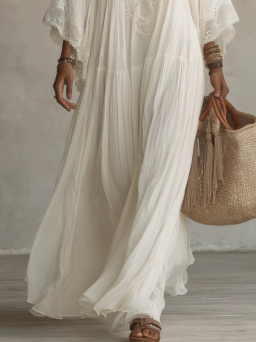 Adelaida | Vestido largo de gasa color marfil con mangas murciélago y encaje blanco